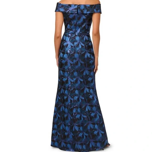 Elegant Blue Floral Off-Shoulder Dress - Picture 2 of 16